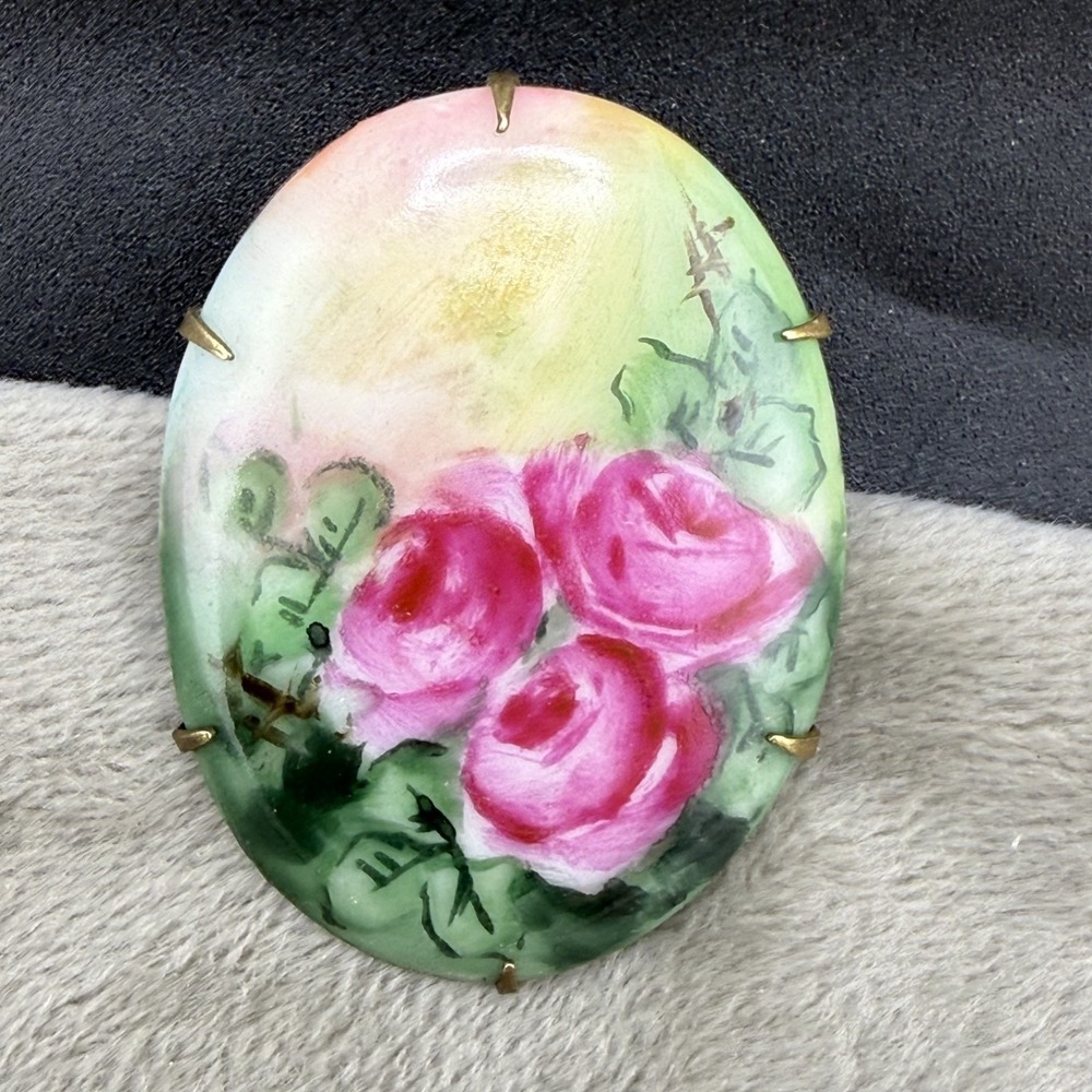 Vintage Victorian Hand Painted Porcelain Brooch Flowers